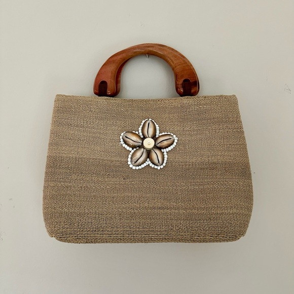 Vintage - Beaded Shell Woven Jute Purse / Handbag Wood Natural Fiber Puka Bamboo - Picture 2 of 13